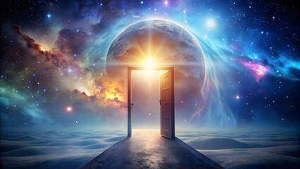 Open door in the night sky with moon and stars
