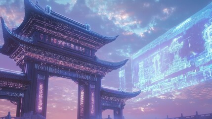 Futuristic China: Massive Digital Screen Displaying Weather Analytics in Calligraphy Over Historical Gate