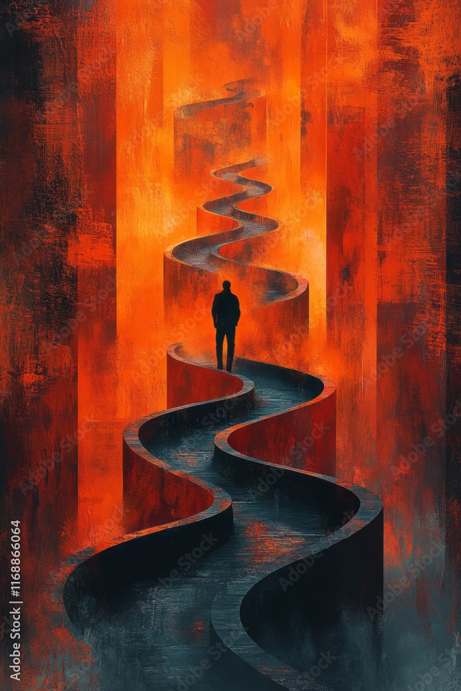 Poster an abstract maze with tasks at the center and a person stuck at the edge,
