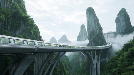 Fototapeta premium Futuristic China: Monorail Journey through Mountainous Terrain with Delicate Chinese Ornaments, Cinematic Ultra-Detailed Image