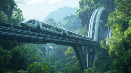 Fototapeta premium Majestic Monorail Journey: Chinese Ornamentation in Futuristic Mountainous Terrain