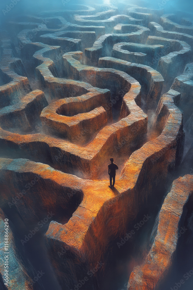 Aufkleber an abstract maze with tasks at the center and a person stuck at the edge,