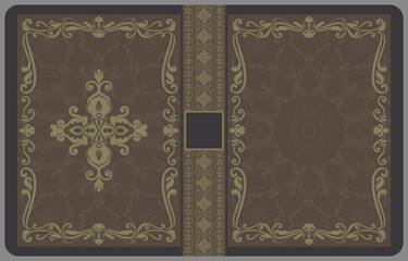 Naklejka premium Book cover, hard cover decorated with vintage frame, brown texture, gold pattern