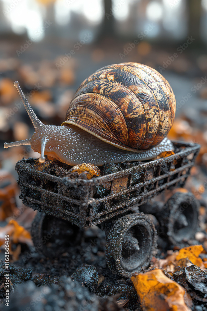 Poster a snail pulling a cart filled with unfinished work,