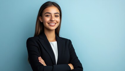 A dark haired professional woman in a blue suit stands confidently against a simple background, radiating warmth and approachability with her genuine smile.