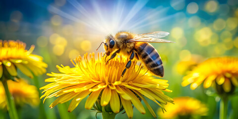 Bee on yellow dandelion flower. Macro photo with shallow depth of field