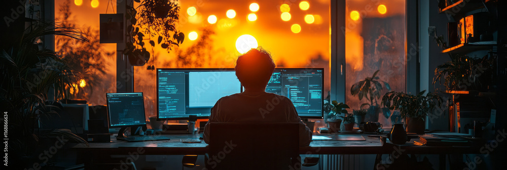 Poster a person in a dark room illuminated by a screen, with looming tasks just out of sight,