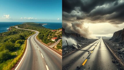 A Scenic Coastal Highway Versus a Desolate Road After a Catastrophe