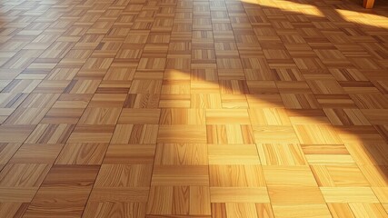 Sunlight Illuminates a Warm, Light Brown Wooden Parquet Floor with a Basketweave Pattern