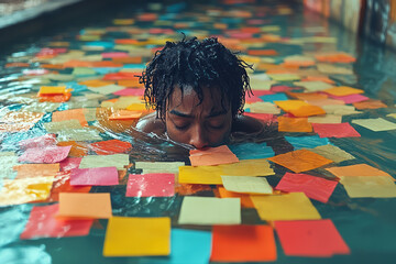 Fototapeta premium A person drowning in colorful sticky notes, struggling to reach the surface,