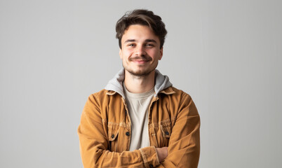 Obraz premium a young Caucasian teen in neat attire on a white gray background captures a blend of professionalism and casual confidence.