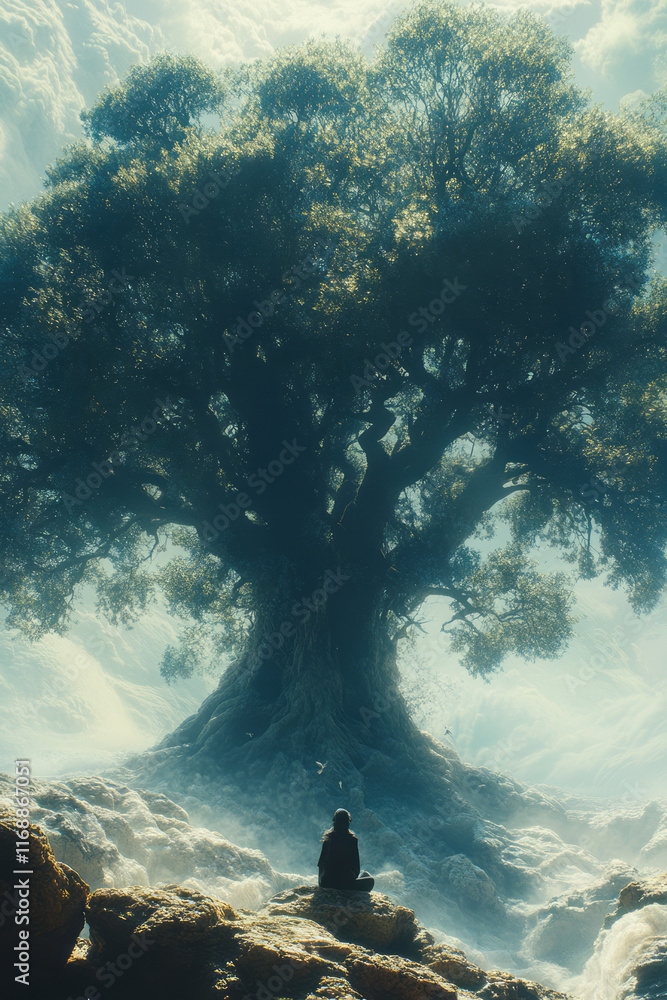 Poster a person sitting under a tree made of tasks, avoiding its shade,