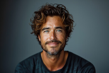 a Caucasian man, aged 30s to 50s, in minimal professional clothing, standing confidently with a relaxed, welcoming expression against a gray backdrop.