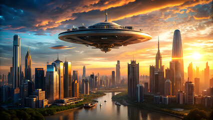 UFO flying over the city. Concept of Science Fiction Day. Futuristic concept