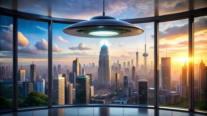 Fototapeta premium Futuristic flying saucer over the city. Concept of Science Fiction Day