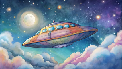 Fantasy flying saucer in the night sky. Illustration for children. Concept of Science Fiction Day
