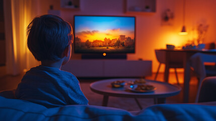 Child watching tv in cozy room, symbolizing need for digital detox.

