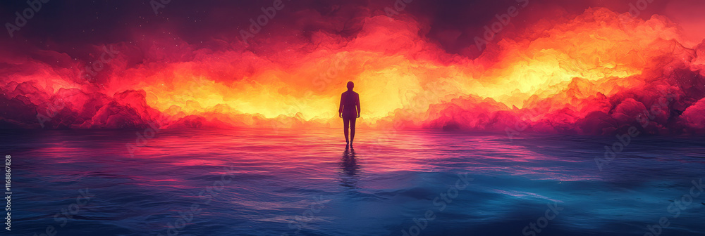 Poster a surreal representation of a person walking on a treadmill of endless scrolling,