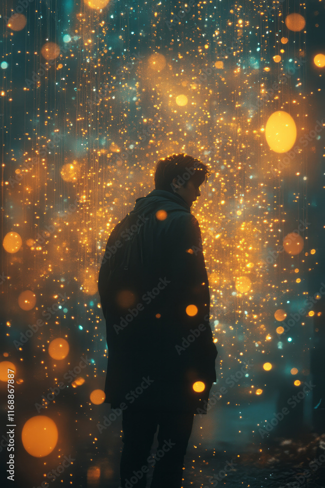 Poster a figure trapped in a web of glowing notifications,