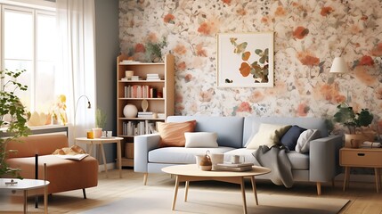Modern Living Room Interior Design with Floral Wallpaper