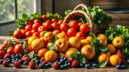 A bountiful harvest of ripe tomatoes, juicy oranges, and sweet berries spills from a rustic basket onto a wooden surface