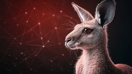 Obraz premium A close-up of a kangaroo's head against a dark, abstract background, showcasing its features and highlighting a futuristic aesthetic.