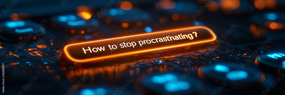 Poster a glowing search bar with the phrase how to stop procrastinating?