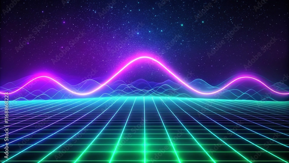 Poster create a minimalist background with electric wave patterns. use neon blue, purple, and green over a 