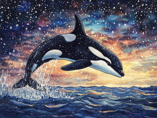 Obraz premium Radiant Orca Breaching Shimmering Ocean: A Spectacular View
