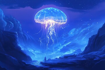 A Solitary Figure Gazes at a Luminous Jellyfish in a Dreamlike Landscape