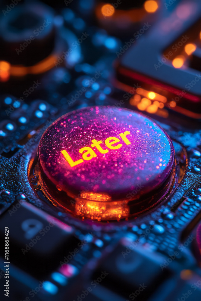 Poster a glowing later button replacing the start button on a computer,