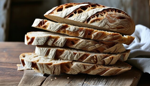 Rustic Bauernbrot Slices on Wooden Table with Beautiful Texture and Natural Light
