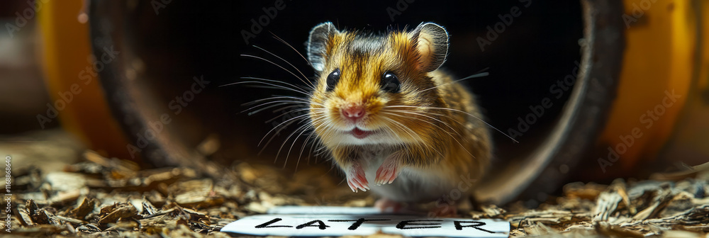 Poster a hamster running on a wheel labeled later while deadlines loom in the background,