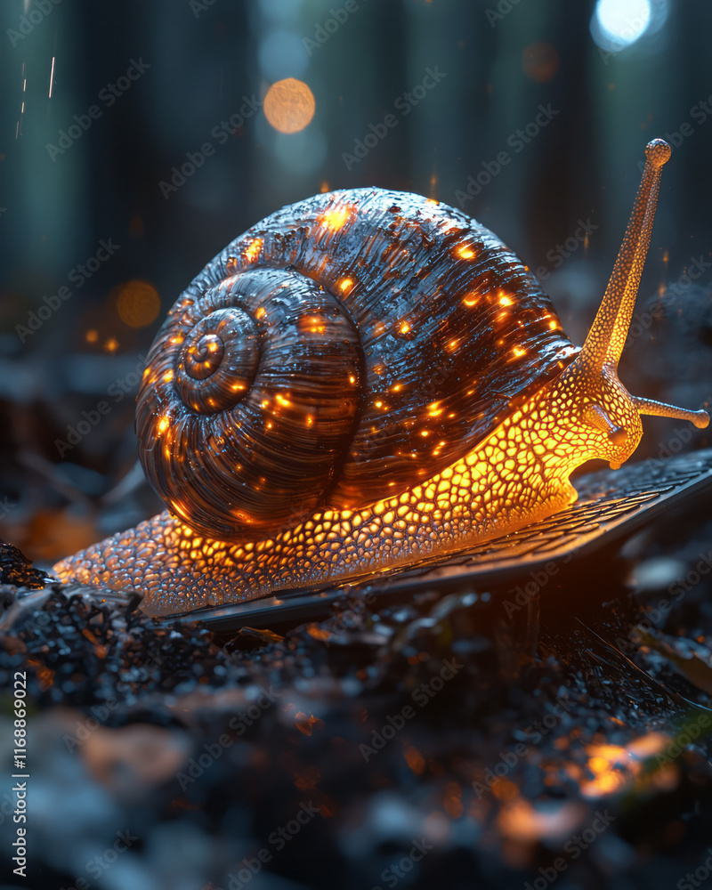 Aufkleber a snail with a glowing laptop on its shell, symbolizing slow work,