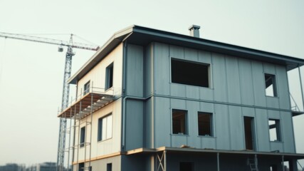 Modern residential building under construction with crane in background