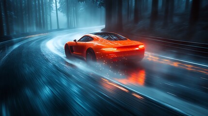 Orange sports car speeding on a wet, foggy forest road at night.