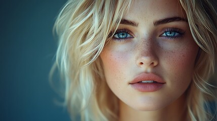 Naklejka premium Blonde Woman with Freckles and Blue Eyes Portrait