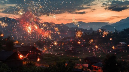 Colorful Fireworks Over a Quiet Village at Sunset