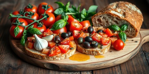 Delicious bruschetta topped with ripe tomatoes, olives, garlic, and basil on a rustic wooden board