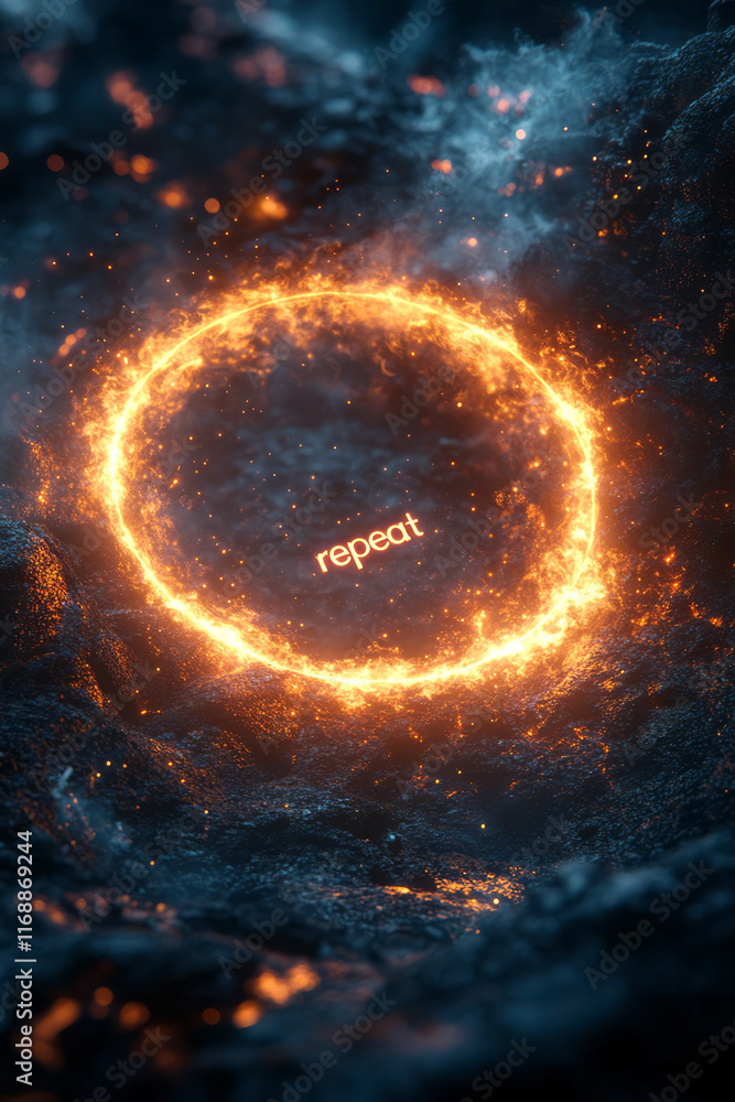 Aufkleber a glowing circle with the words repeat inside, symbolizing the cycle of procrastination,