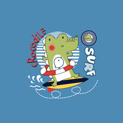 Adorable crocodile vector illustration surfing joyfully on a tropical beach with palm and coconut trees