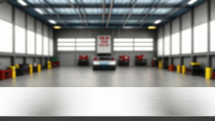Obraz premium Empty metal platform for displaying products, blurred car workshop in background.