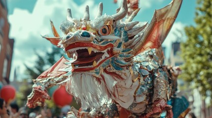 Obraz premium Intricate Dragon Puppet in Vibrant Celebratory Setting