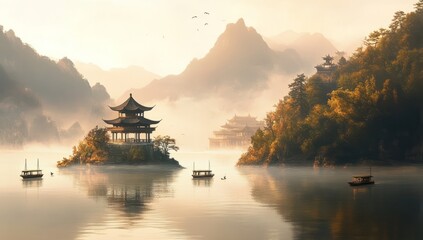 Obraz premium Chinese landscape painting, with pavilions and towers on the water's edge of mountains