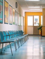 Empty blue chairs line a hallway with posters on the wall