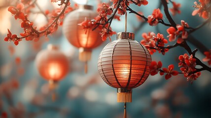 Illuminated Lanterns Hanging Among Blossoming Red Flowers