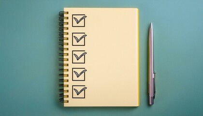 A blank notebook with a checklist being filled in and the last box being checked
