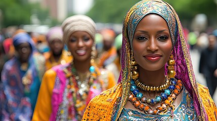 Fototapeta premium Portrait of two elegant African women wearing vibrant headscarves and jewelry, walking in a city.