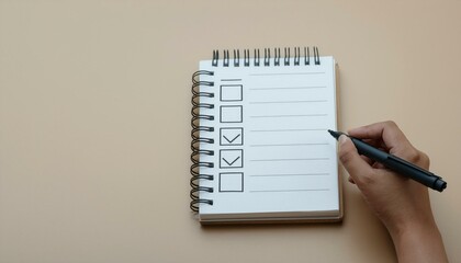 A blank notebook with a checklist being filled in and the last box being checked