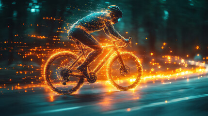 A stylized energy meter glowing brightly as a person cycles on the bike,